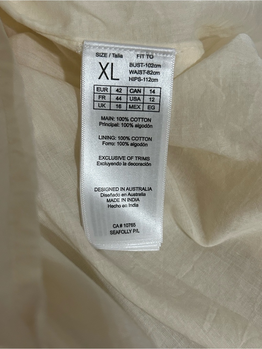 New SEAFOLLY Mini Babydoll Dress Ecru Drawstring Pockets Cotton Sz 12 US Lined - Picture 6 of 6